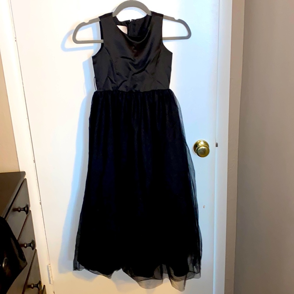 David’s bridal flower girl black tuelle and satin dress with bow belt